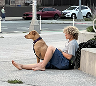 ROK-Midsummer-dog A young man and his dog, sitting on the concrete ground up against a planter wall with the street in the background, intently watch the play.