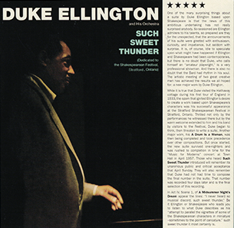 Such_Sweet_Thunder-CD Cover of the album, "Duke Ellington with his orchestra, Such Sweet Thunder (Dedicatd to the Shakespearen Festival, Stratford, Ontario)" with a picture of Ellington in partial light at a piano, and a column of liner notes to the right.